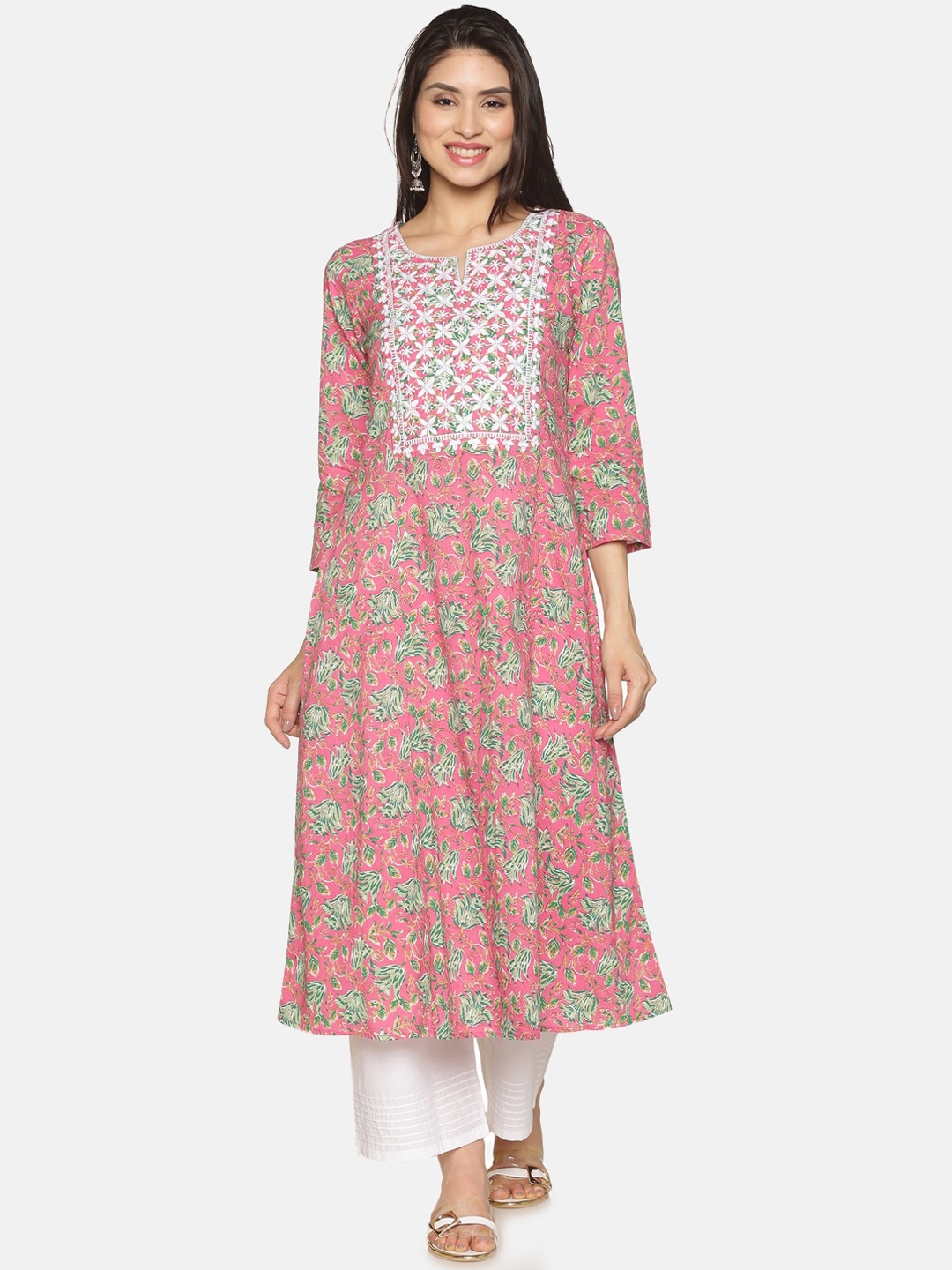 

Saffron Threads Cotton Floral Print A-line Kurta With Chikankari Detail, Pink