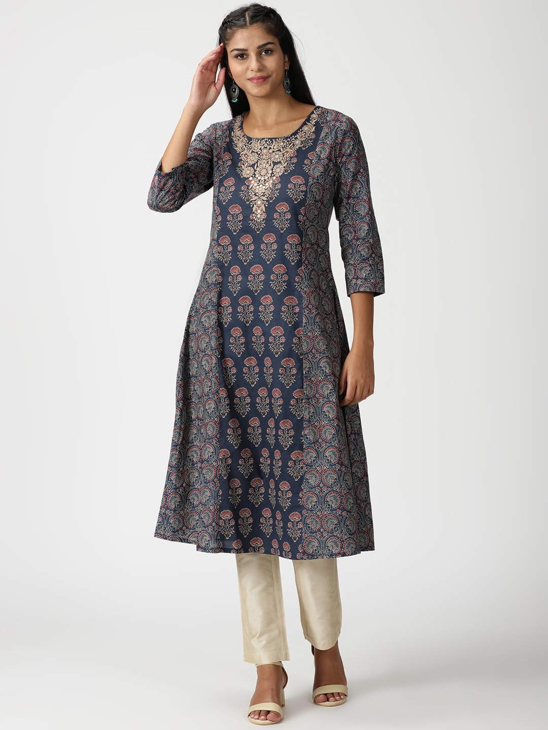 

Saffron Threads Ethnic Motifs Printed Panelled Kurta with Neck Embroidery, Navy blue