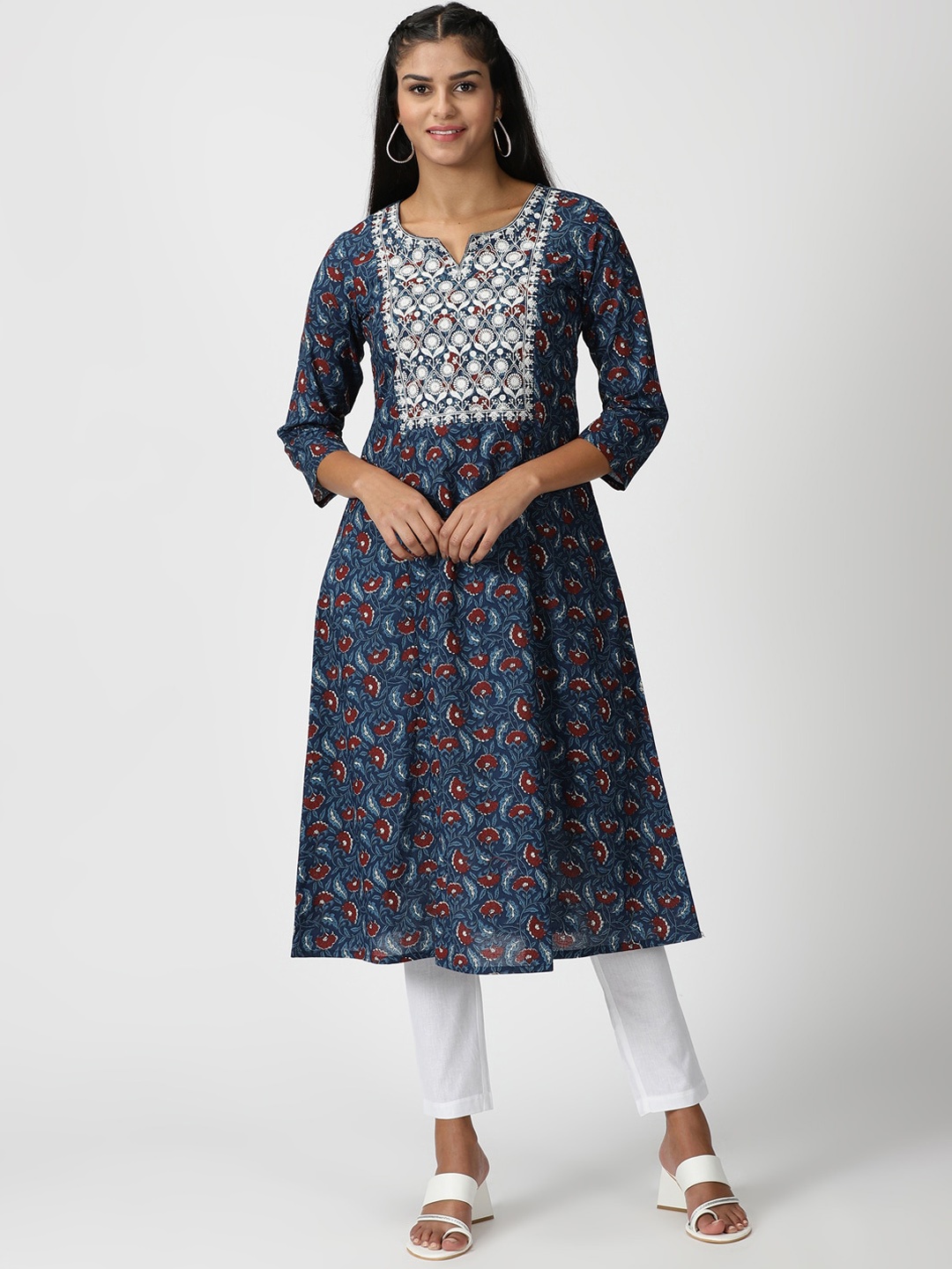 Saffron Threads Cotton Floral Printed Cotton Kurta With Chikankari Detail, Blue