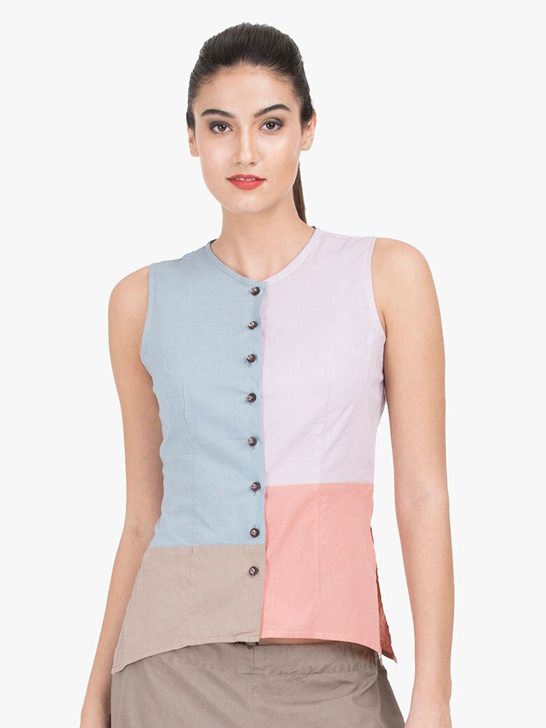 

GRASS by Gitika Goyal Multicoloured Colourblocked Styled Back Top, Multi