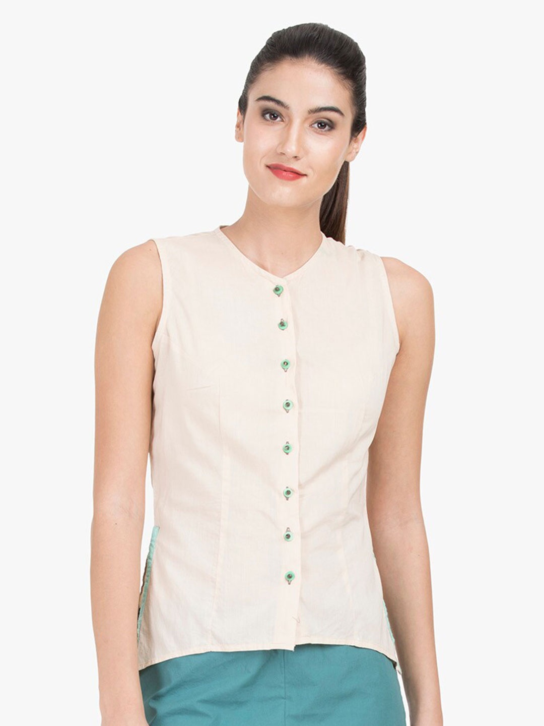 

GRASS by Gitika Goyal Shirt Style V-Neck Cotton Top, Beige