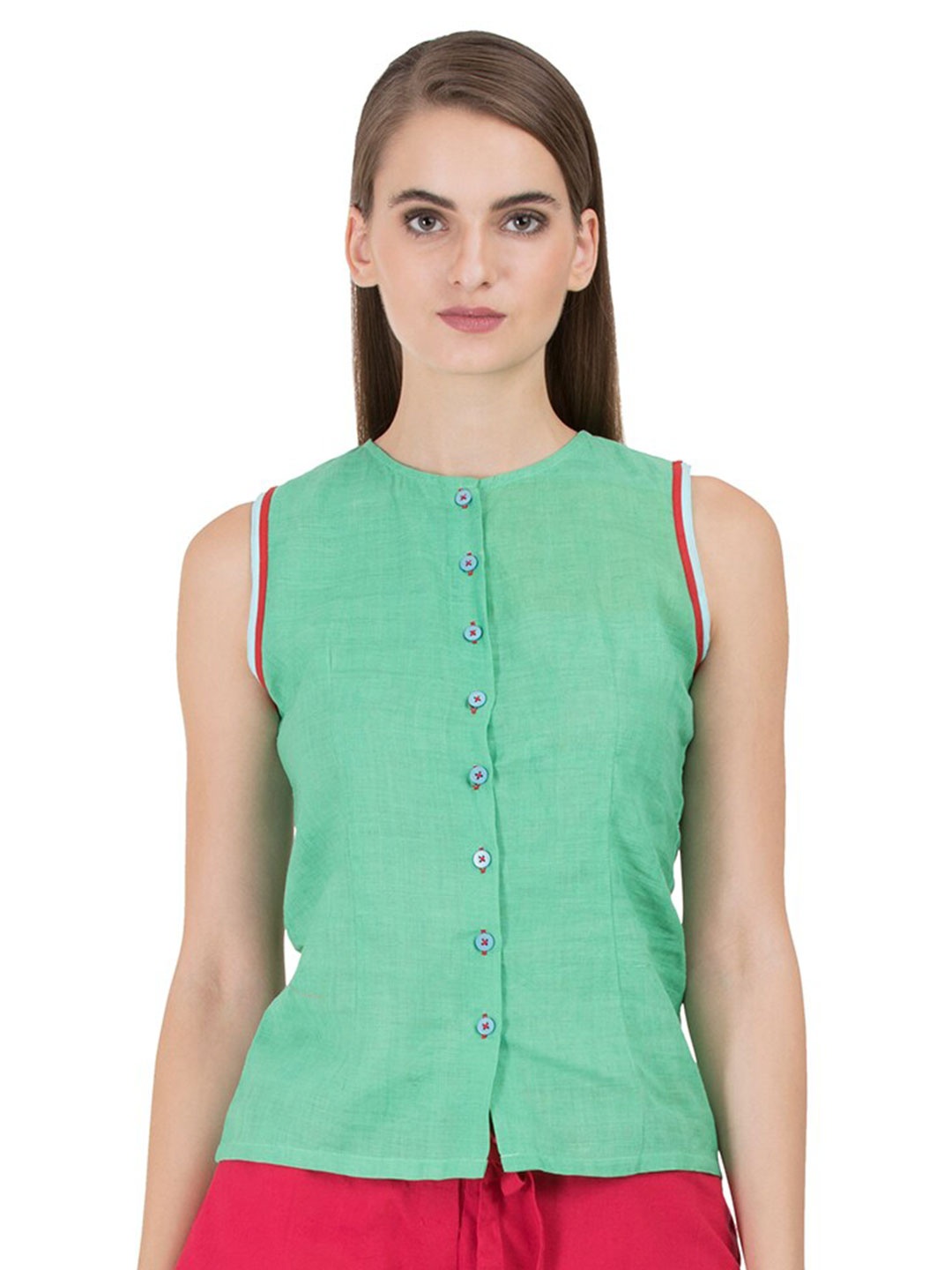 

GRASS by Gitika Goyal Green Mandarin Collar Top