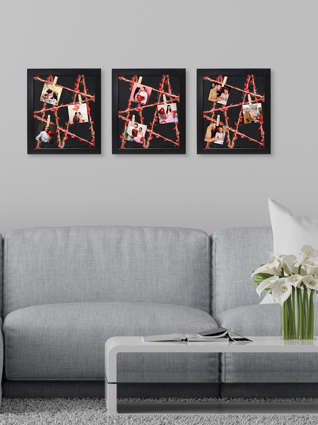 

RANDOM Set of 3 Black Rope Photo Frames With 9 Clips