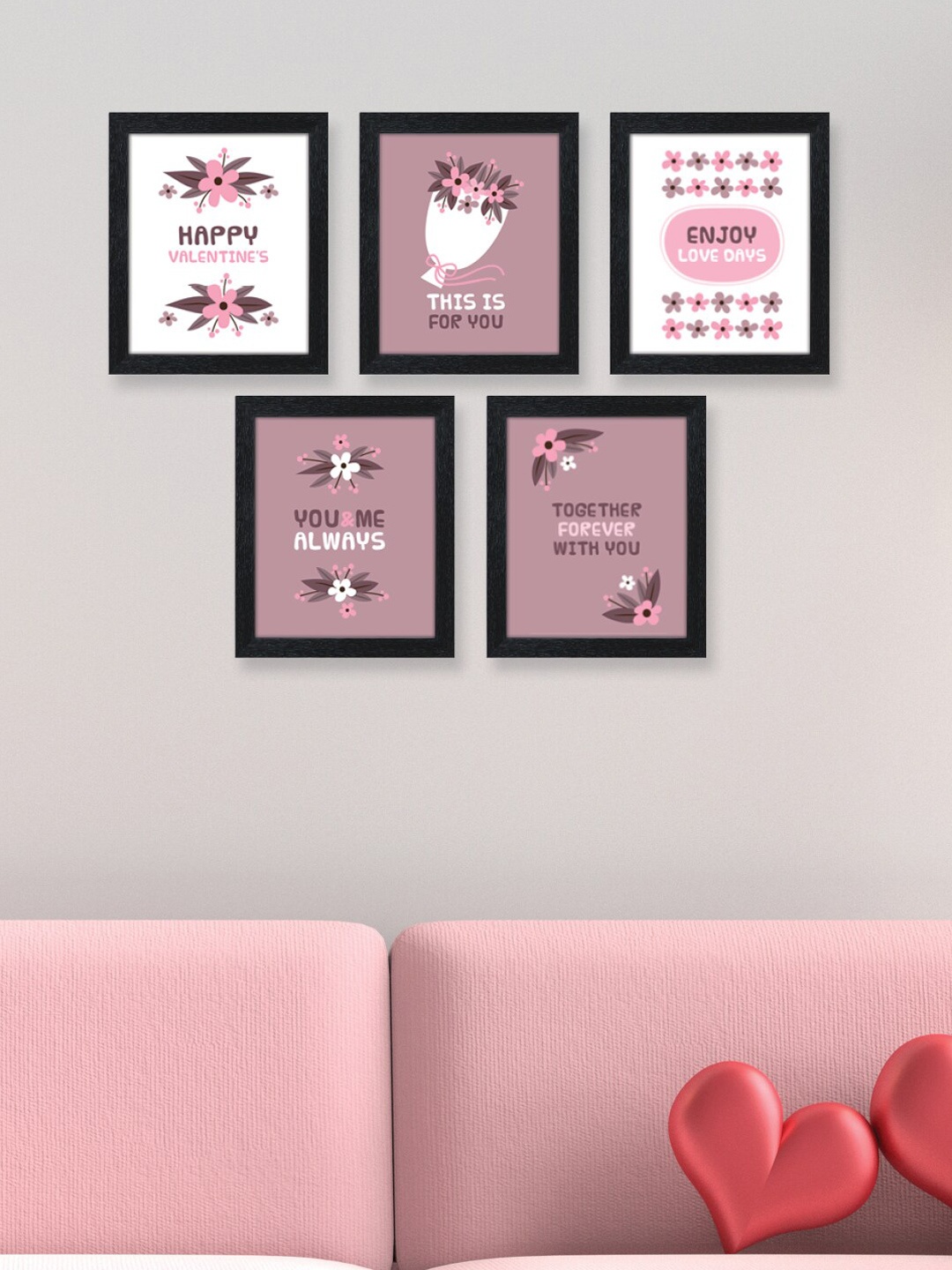 

RANDOM Valentine Black & Pink Set Of 5 Mine Quotes Framed Wall Painting