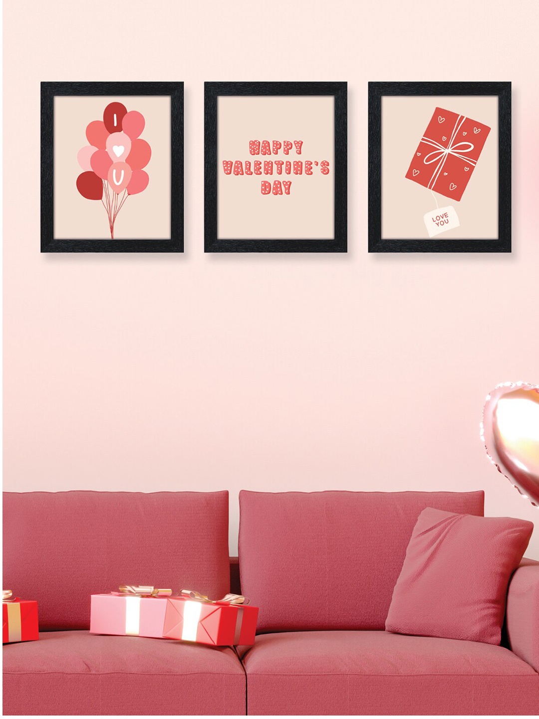 

RANDOM Valentine Black & Pink Set Of 3 I Love You Framed Wall Painting