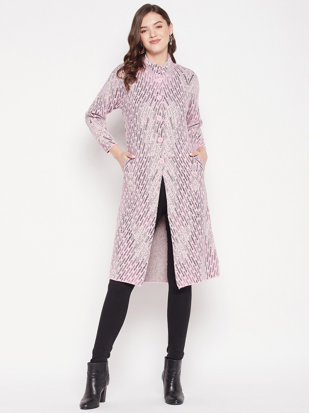 

Zigo Women Self Design Mock Collar Longline Wool Cardigan Sweater, Pink