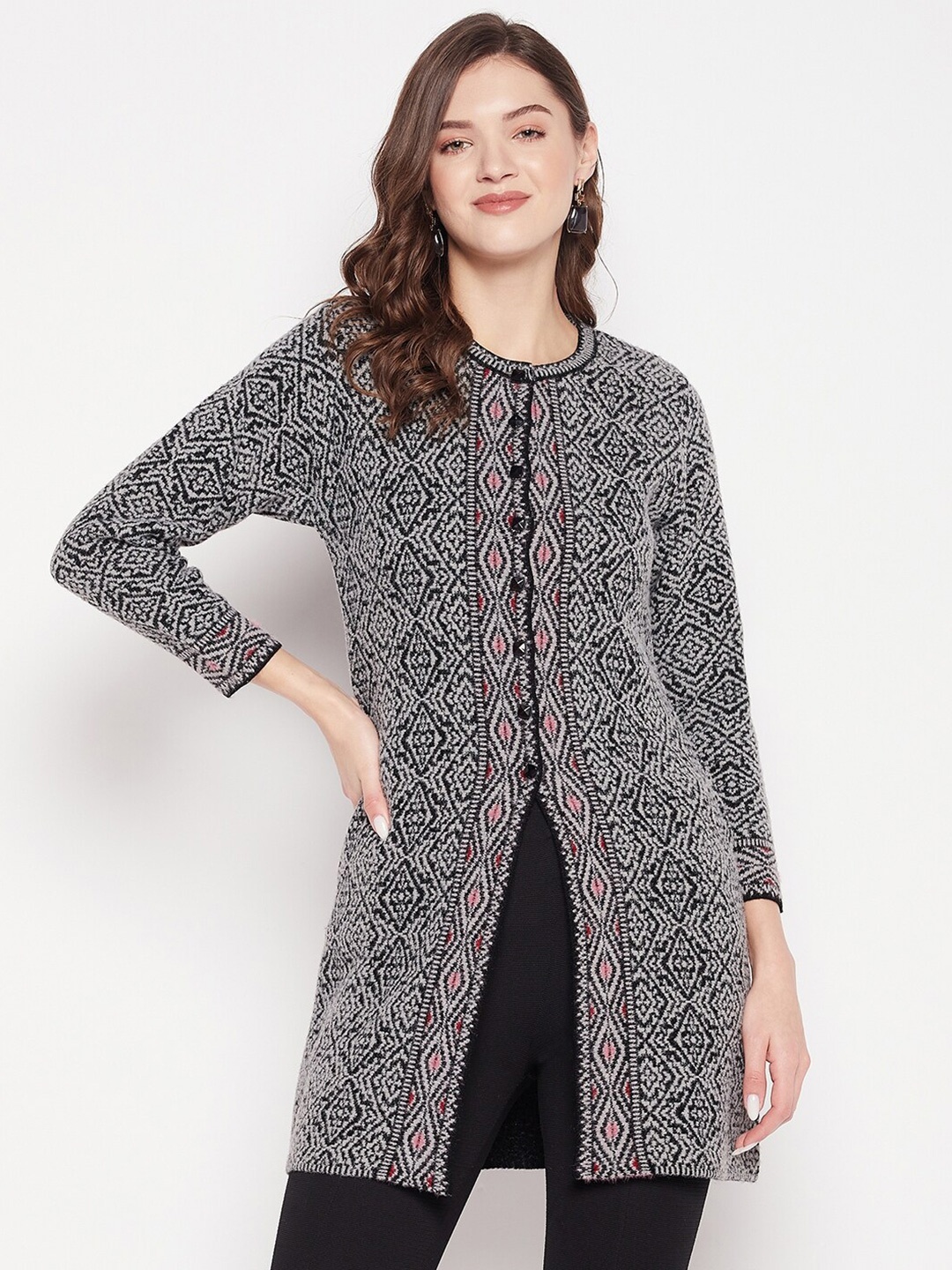 

Zigo Women Round Neck Self Design Longline Wool Cardigan, Grey