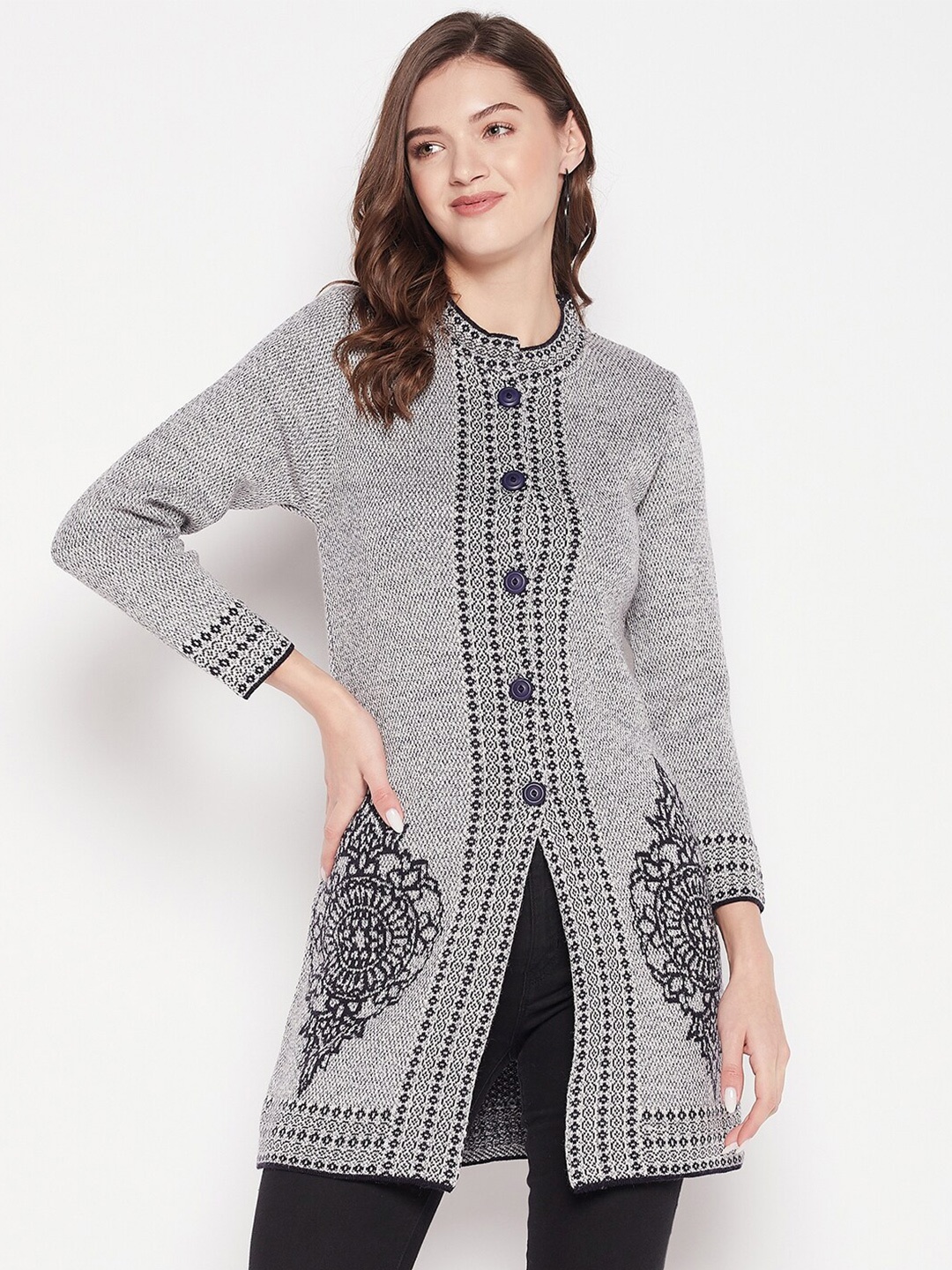 

Zigo Women Self Design Longline Wool Cardigan Sweater, Grey
