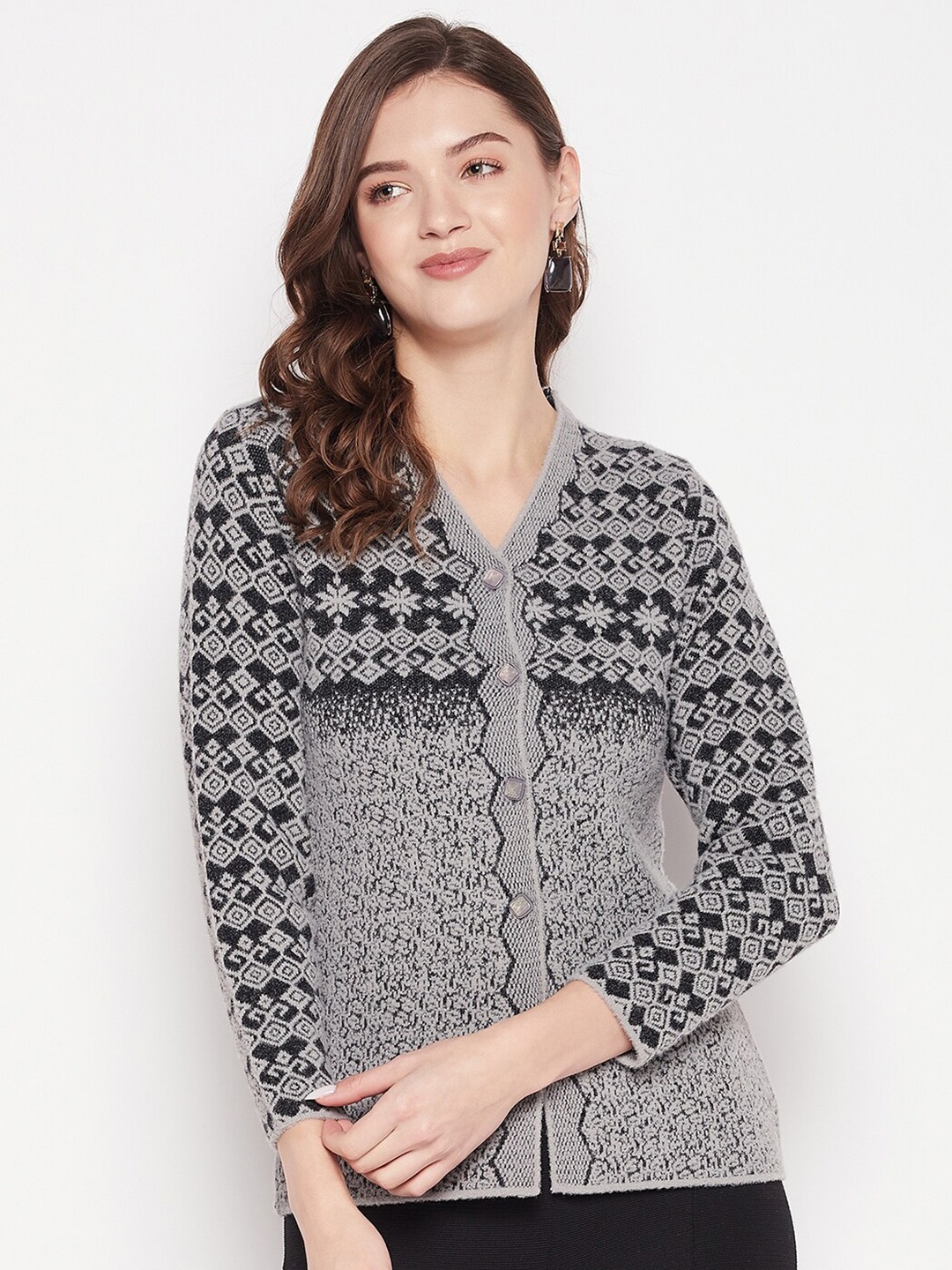 

Zigo Women V-Neck Fair Isle Wool Cardigan Sweater, Grey