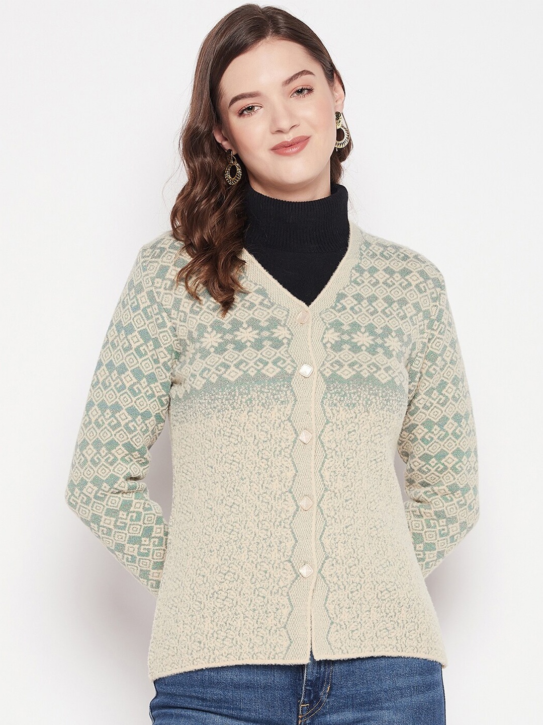 

Zigo Women V-Neck Fair Isle Printed Wool Cardigan Sweater, Beige