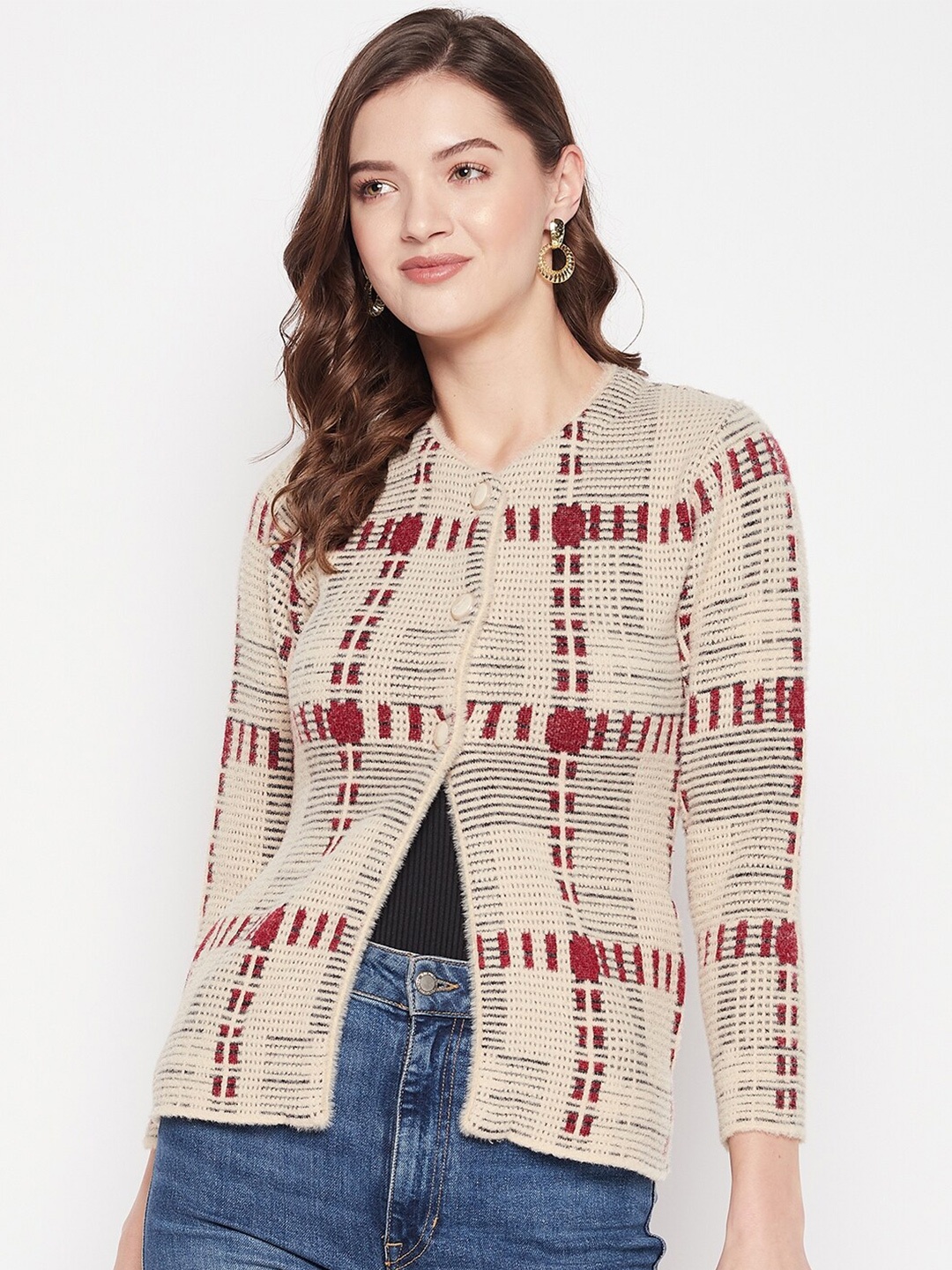 

Zigo Women Checked Wool Cardigan Sweater, Beige