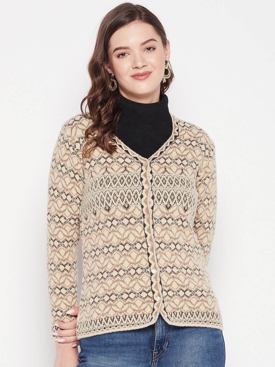 

Zigo Women V-Neck Self Design Cardigan Sweater, Beige