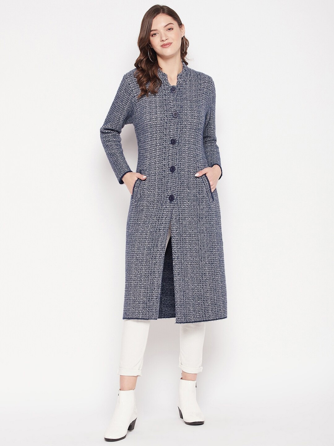 

Zigo Mock Collar Self Design Longline Wool Cardigan Sweater, Navy blue