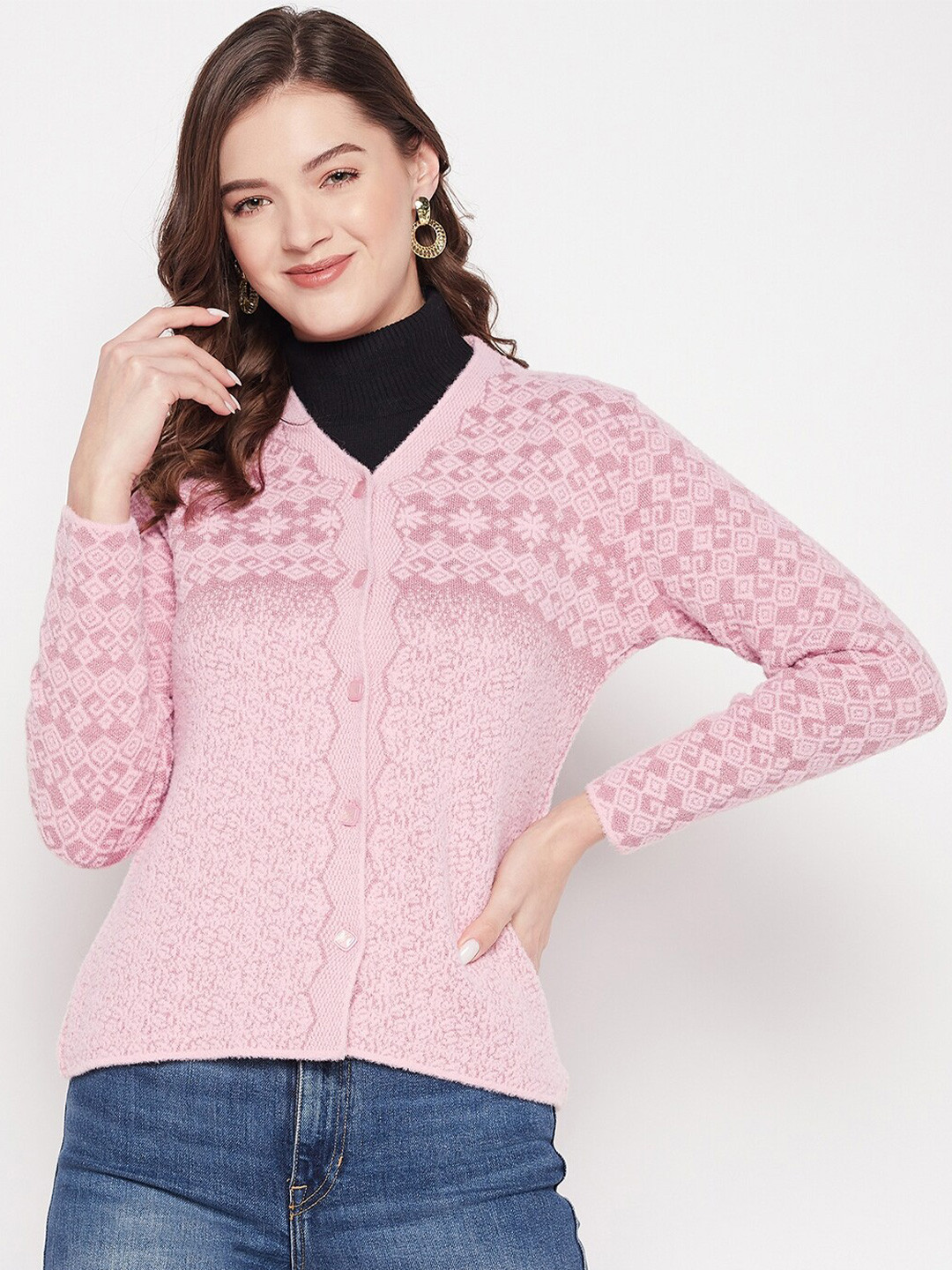 

Zigo Women Fair Isle Wool Cardigan Sweater, Pink