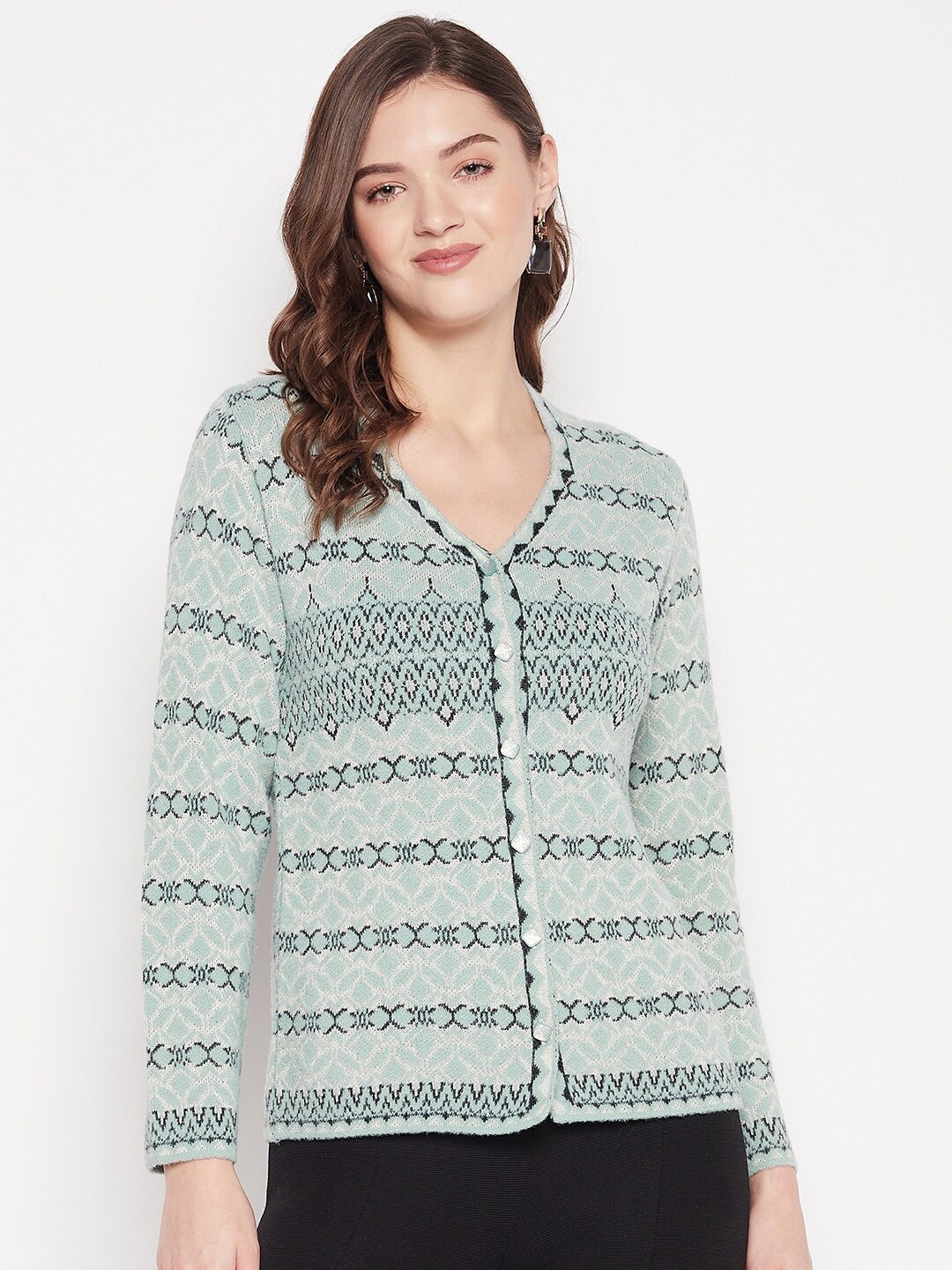 

Zigo Women V-Neck Self Design Wool Cardigan Sweater, Lime green