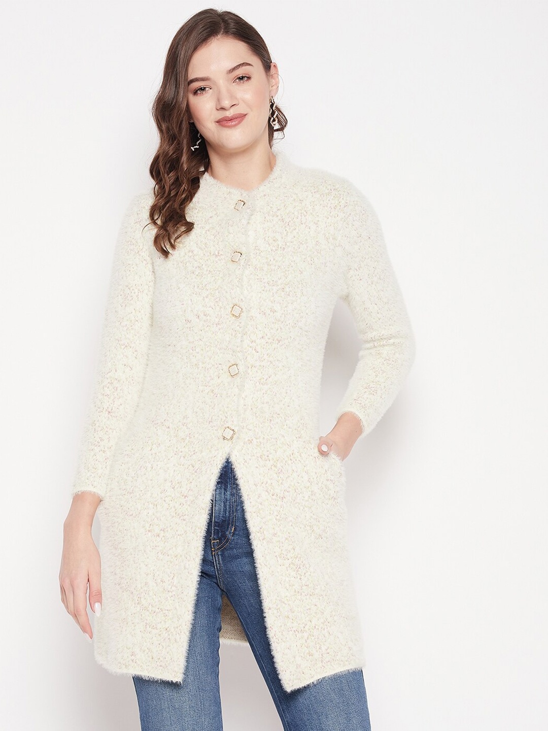 

Zigo Women Self Design Fuzzy Detailed Longline Wool Cardigan, Off white