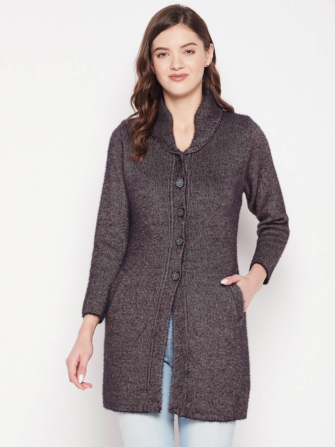 

Zigo Women Self Design Longline Wool Cardigan, Black