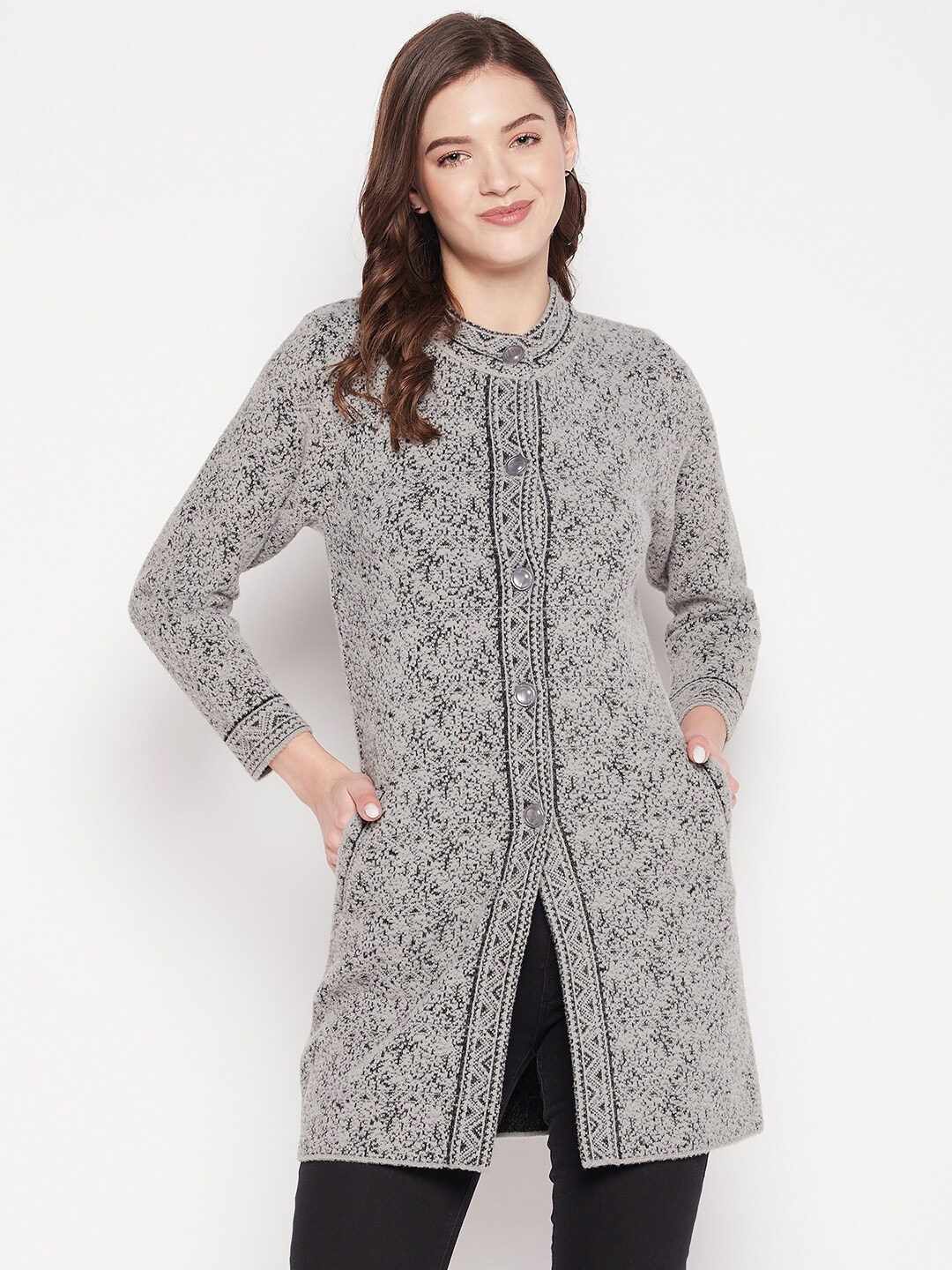 

Zigo Women Abstract Self Design Longline Wool Cardigan, Grey