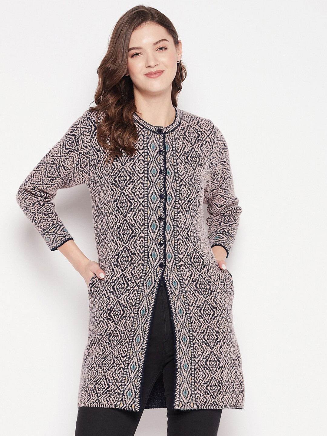 

Zigo Women Geometric Printed Longline Wool Cardigan, Pink