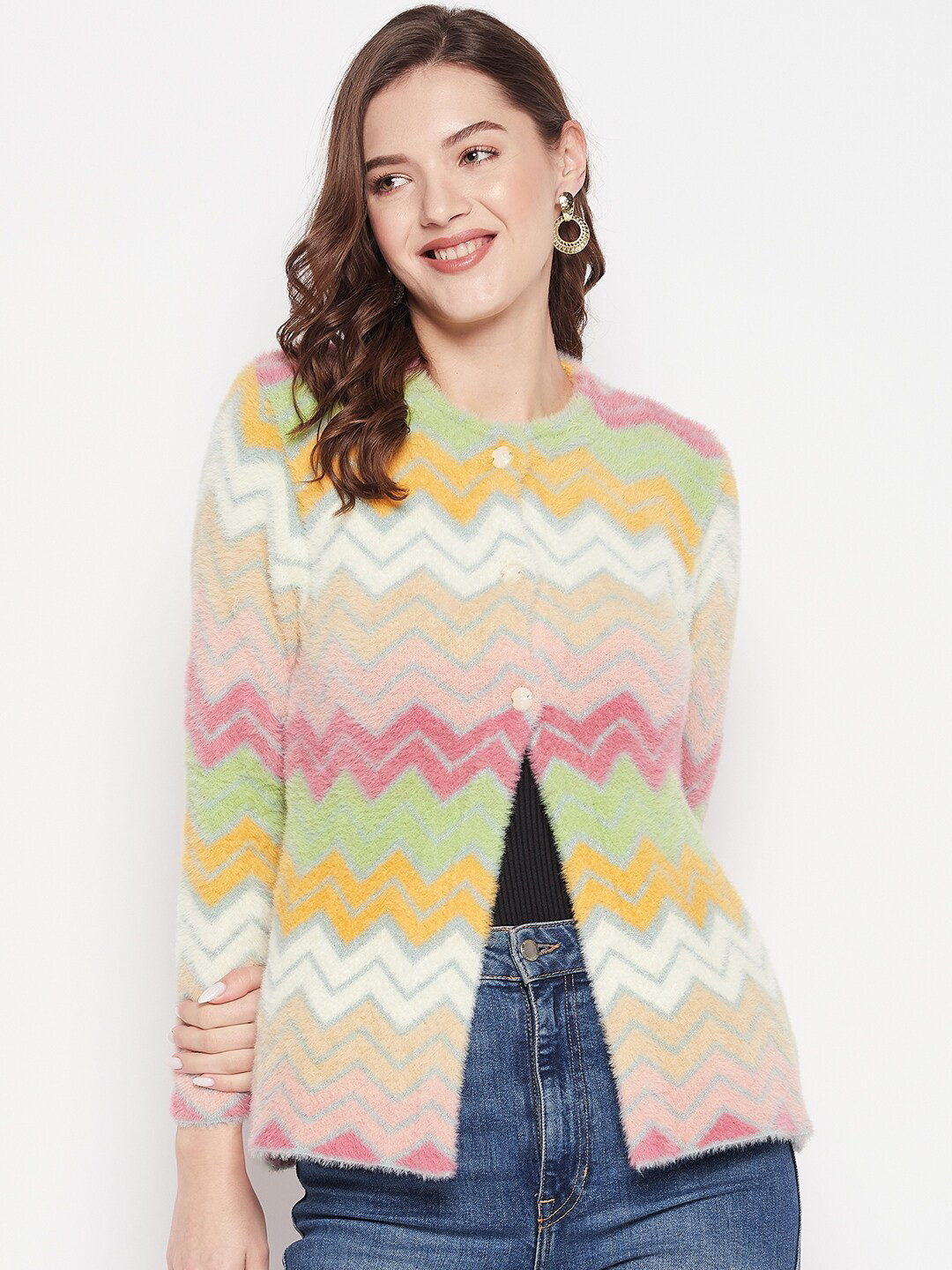 

Zigo Women Chevron Printed Wool Cardigan, Pink
