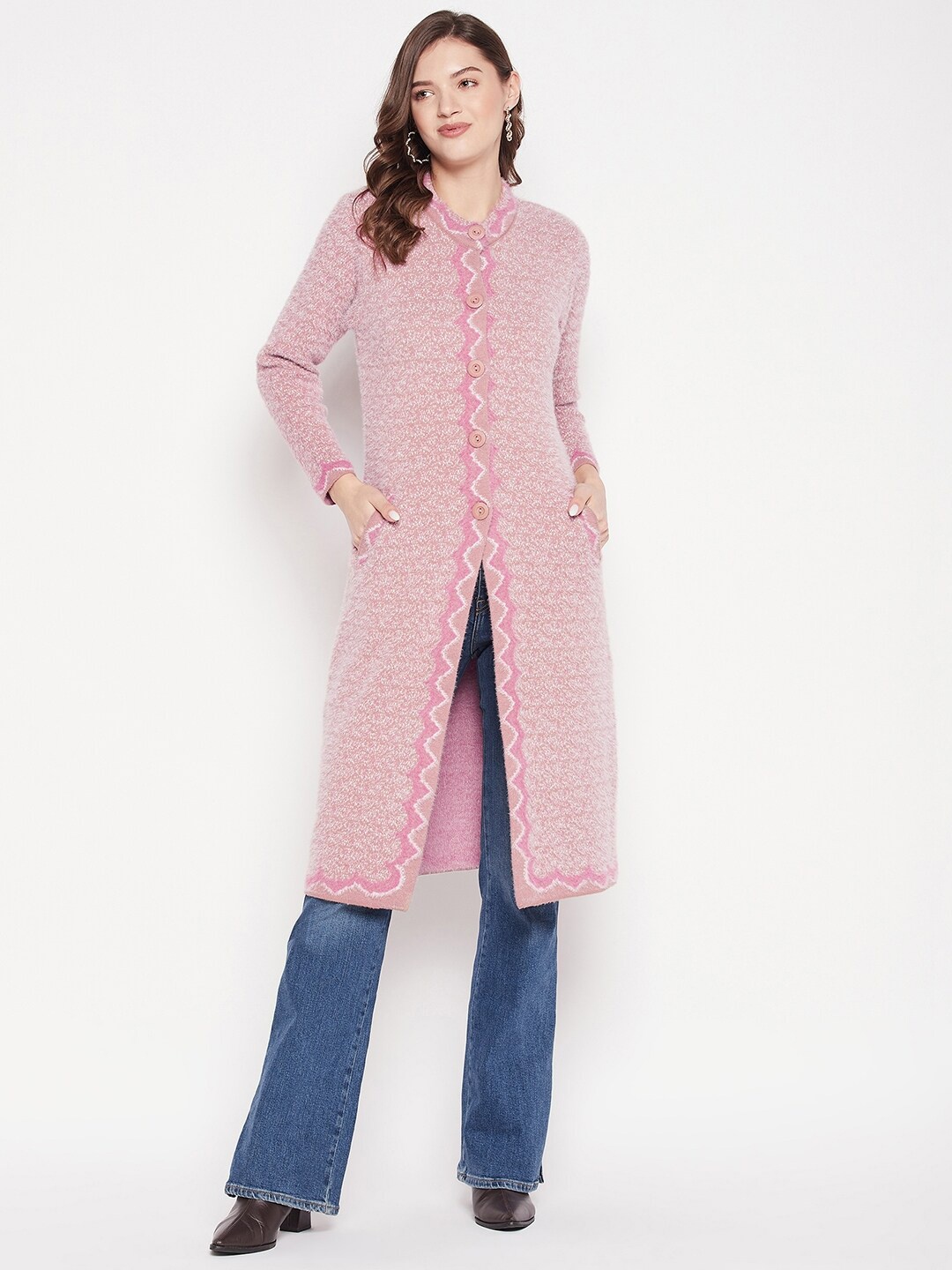 

Zigo Women Self Design Longline Wool Cardigan, Pink