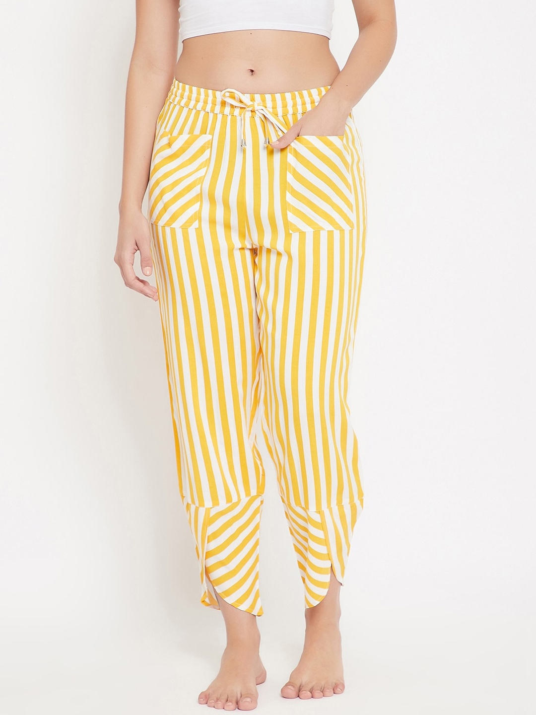 

Hypernation Women Yellow and White Striped Lounge Pant