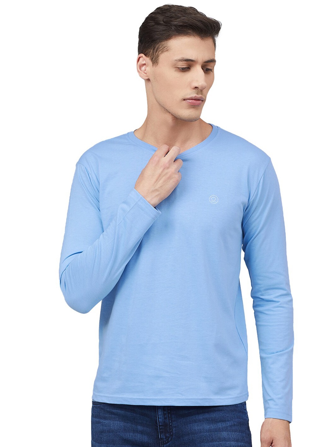 

CHKOKKO Men Casual Regular Fit Round Neck Full Sleeve T-shirt, Blue