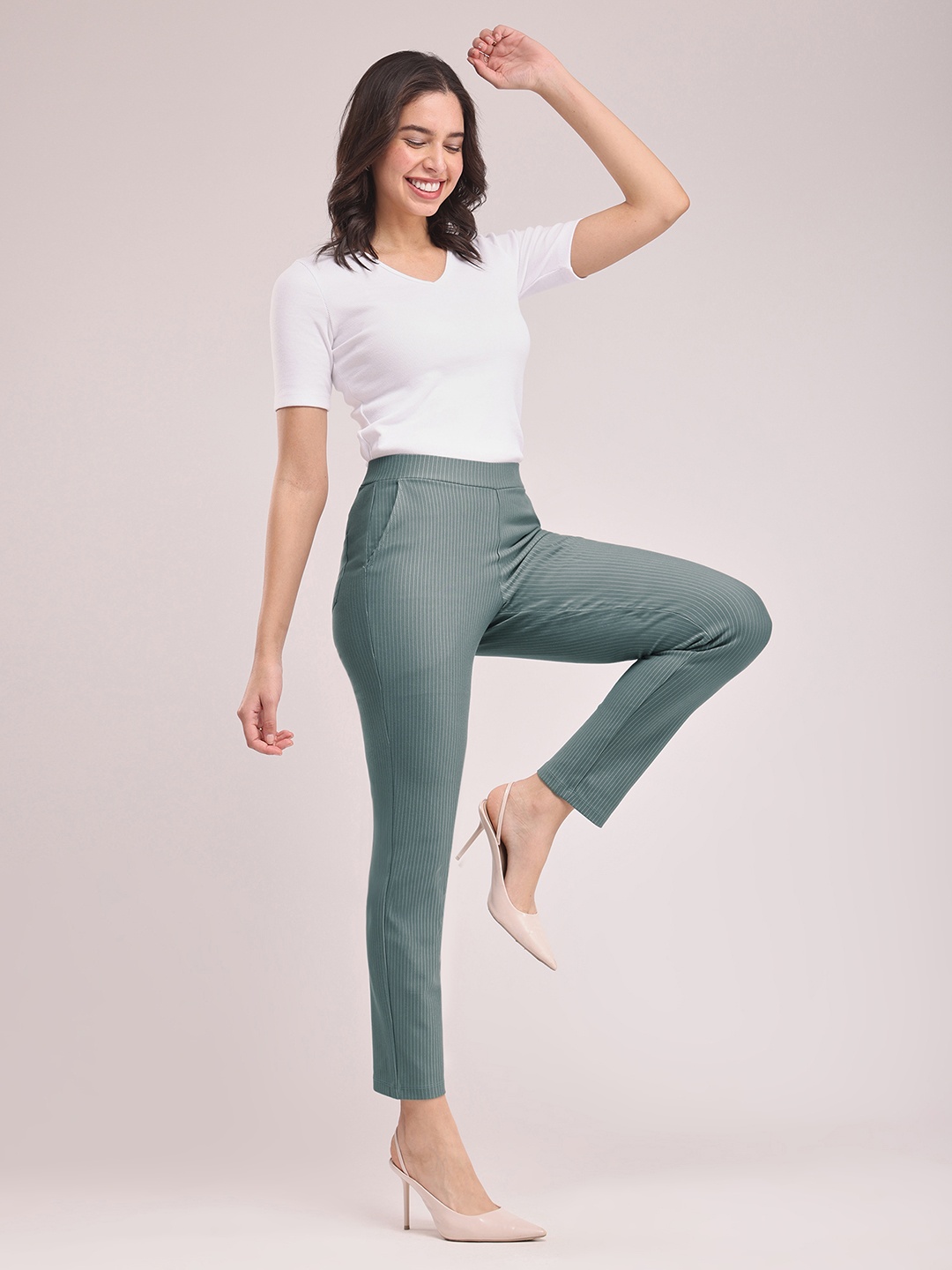 

FableStreet Women Striped Relaxed Straight Fit Trousers, Green