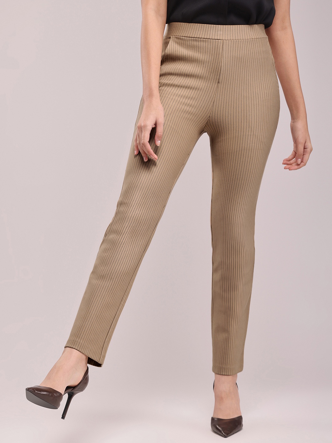 

FableStreet Women LivIn Striped Relaxed Bootcut Trousers, Beige