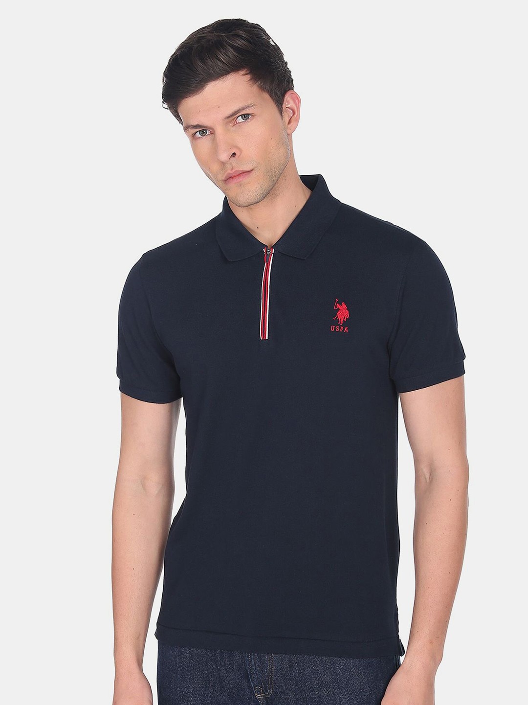 

U.S. Polo Assn. Men Blue Polo Collar Pure Cotton Slim Fit T-shirt