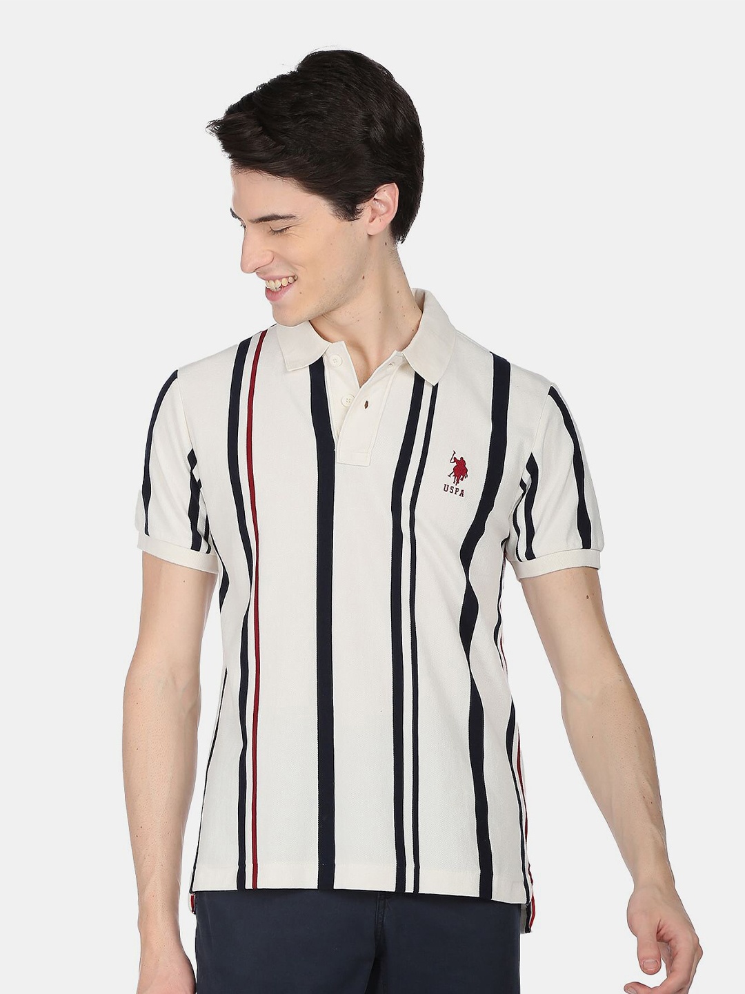 

U.S. Polo Assn. Men Striped Polo Collar Cotton T-shirt, White