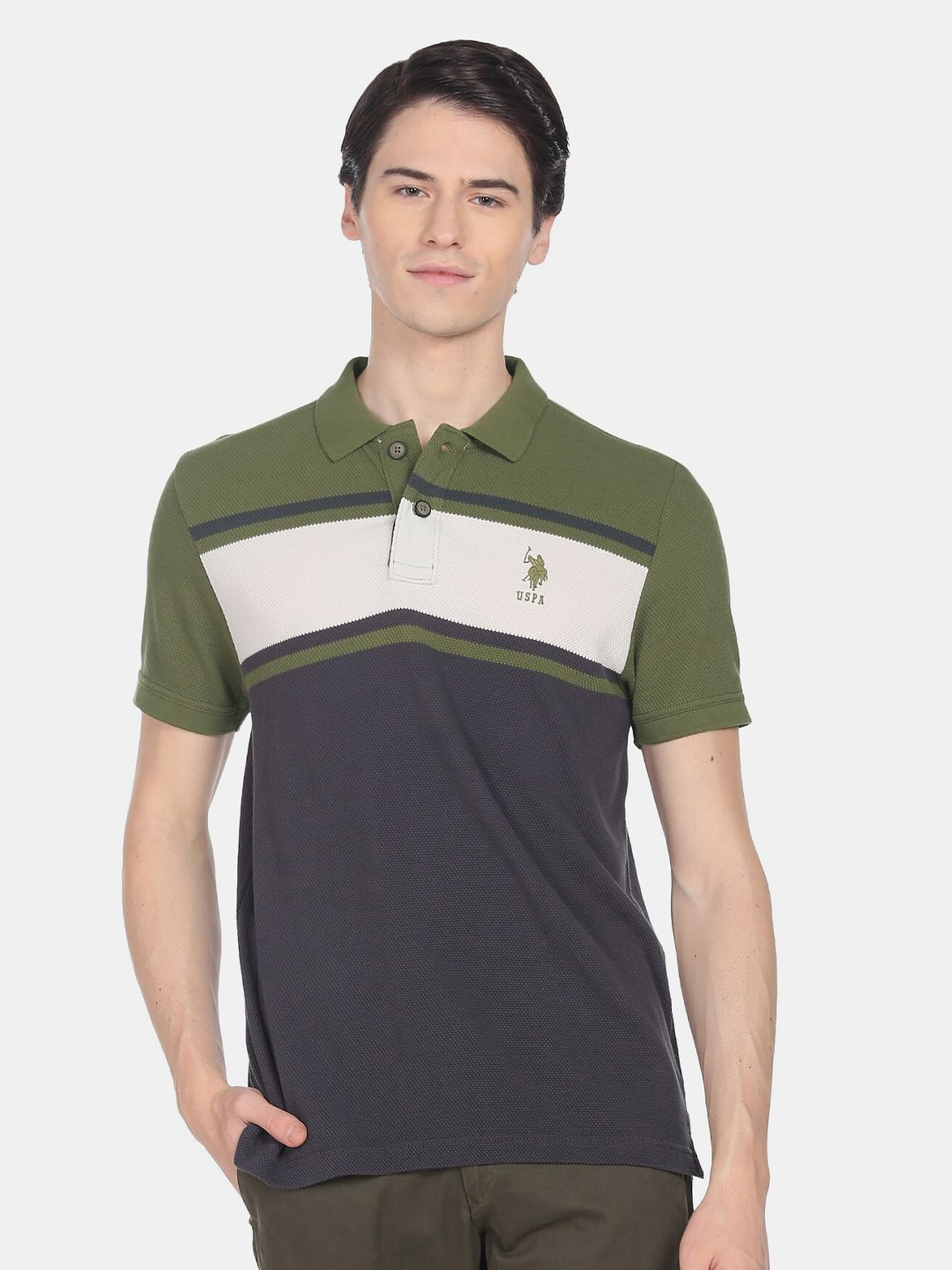 

U.S. Polo Assn. Denim Co. Men Colourblocked Polo Collar Pure Cotton T-shirt, Green