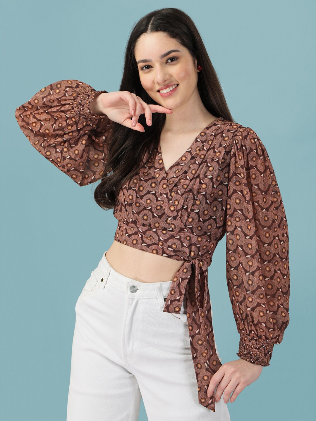 

Masakali.Co Brown Floral Printed Wrap Crop Top