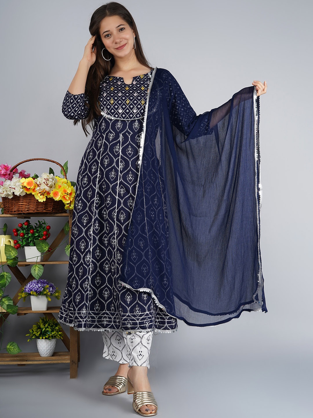 

SINGNI Ethnic Motifs Printed Thread Work Kurta with Trousers & Dupatta, Blue