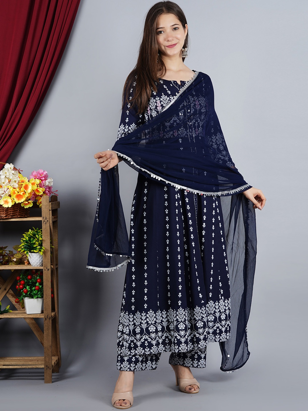

SINGNI Ethnic Motifs Embroidered Kurta with Trousers & Dupatta, Blue