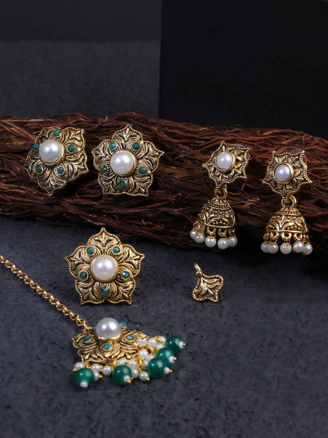 

Adwitiya Collection Gold-Plated Pearl-Beaded Jewellery Set