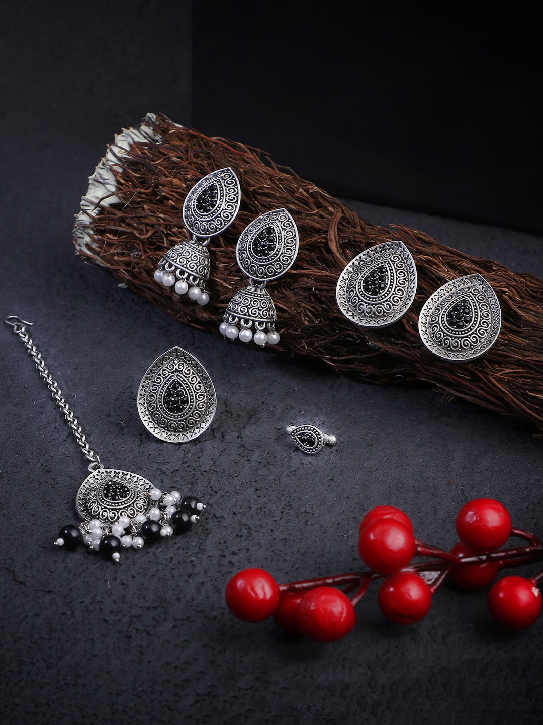 

Adwitiya Collection Silver-Plated Pearl-Beaded Jewellery Set