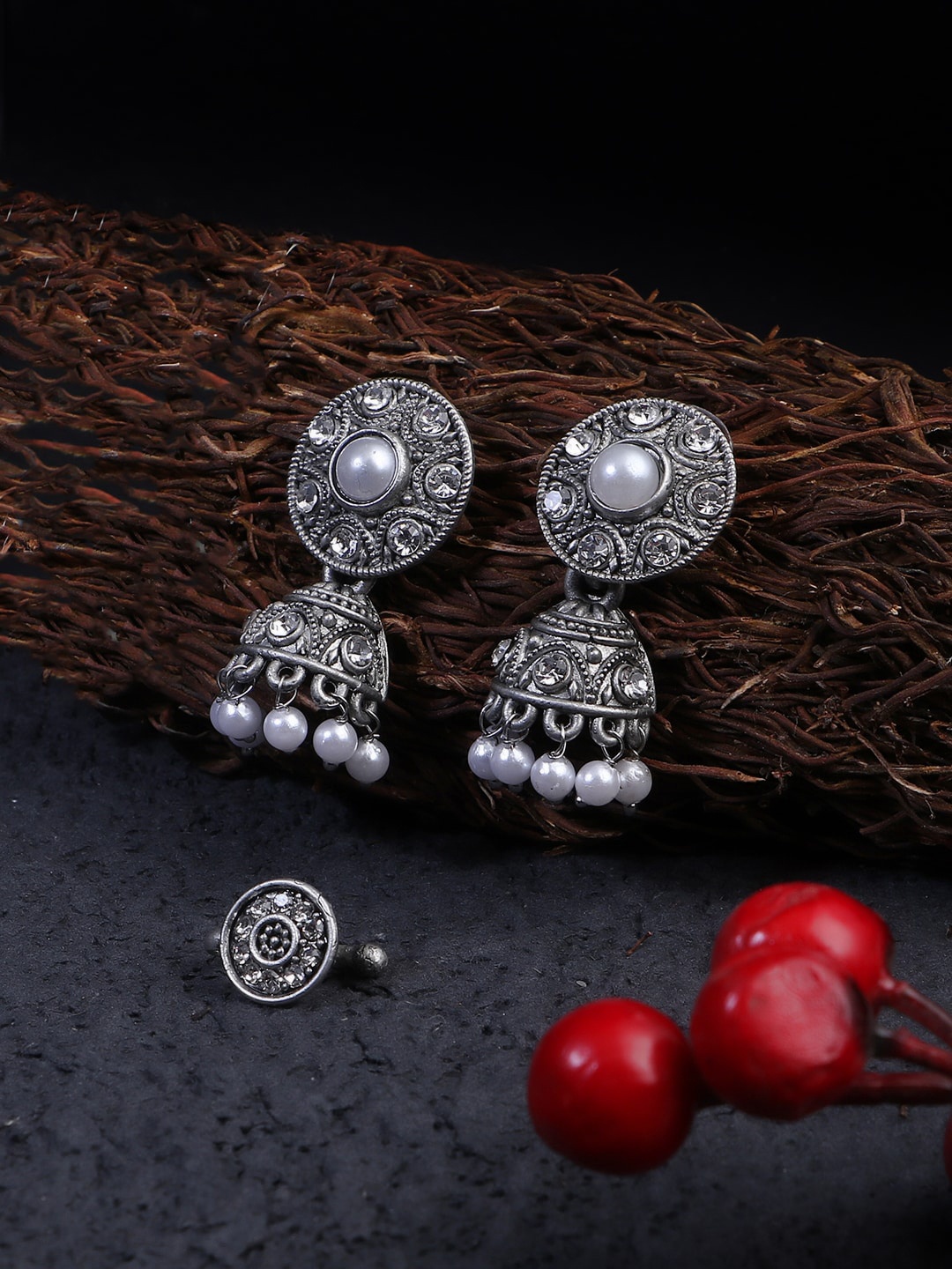 

Adwitiya Collection Oxidised Silver-Plated Stone-Studded & Beaded Jewellery Set