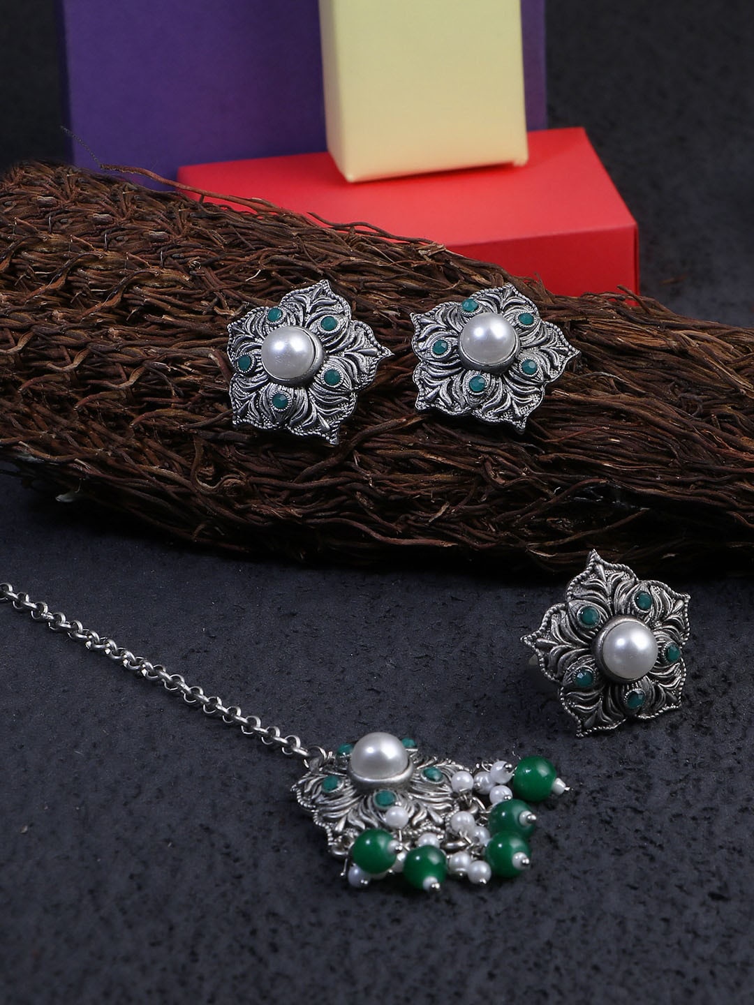 

Adwitiya Collection Oxidised Silver-Plated Pearls Beaded Jewellery Set
