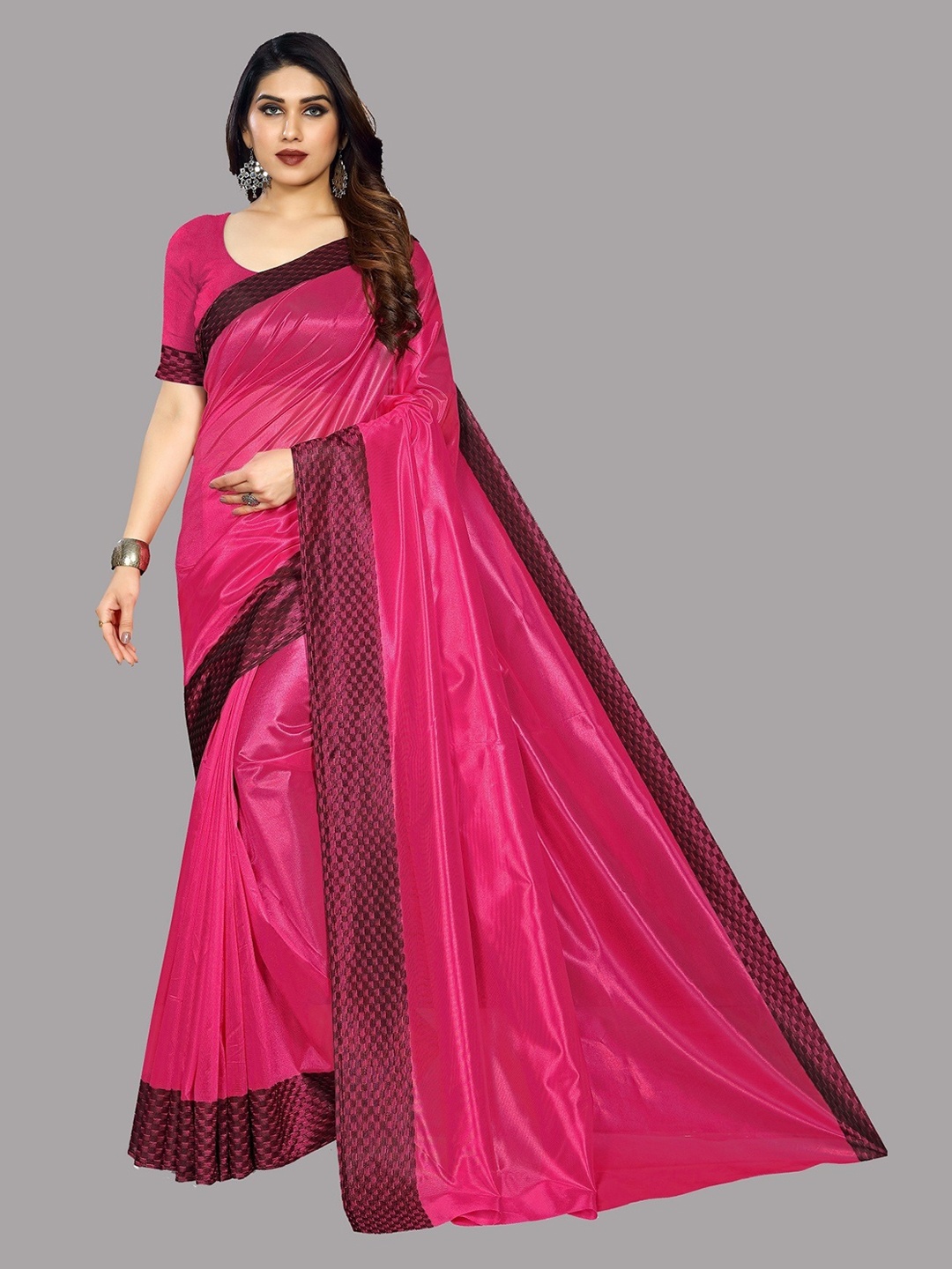 

Fashion Basket Checked Border Cotton Blend Saree, Pink