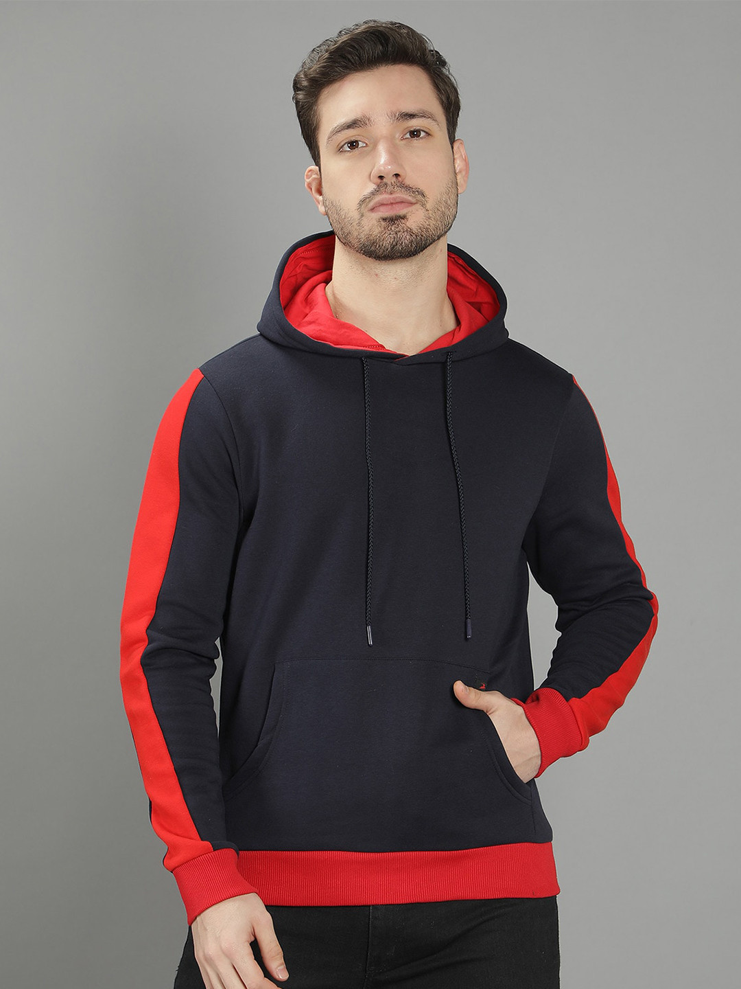 

Nimble Men Navy Blue Colourblocked Hooded Sweatshirt