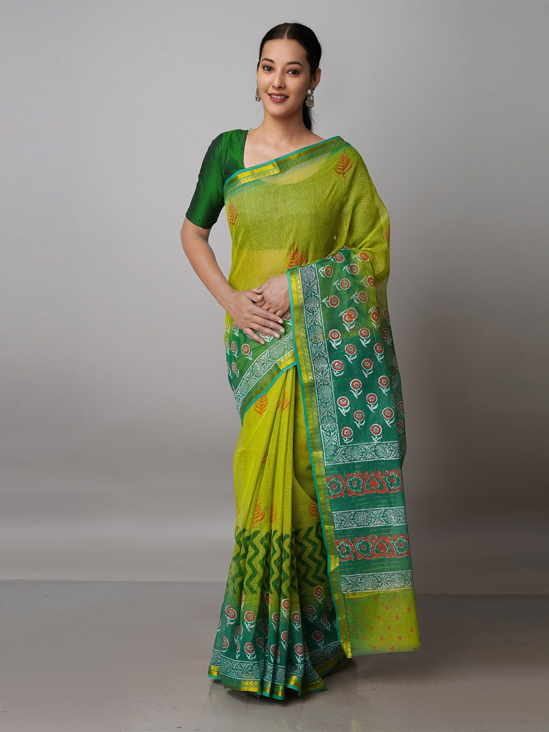 

Unnati Silks Green & White Ethnic Motifs Zari Pure Cotton Kota Saree