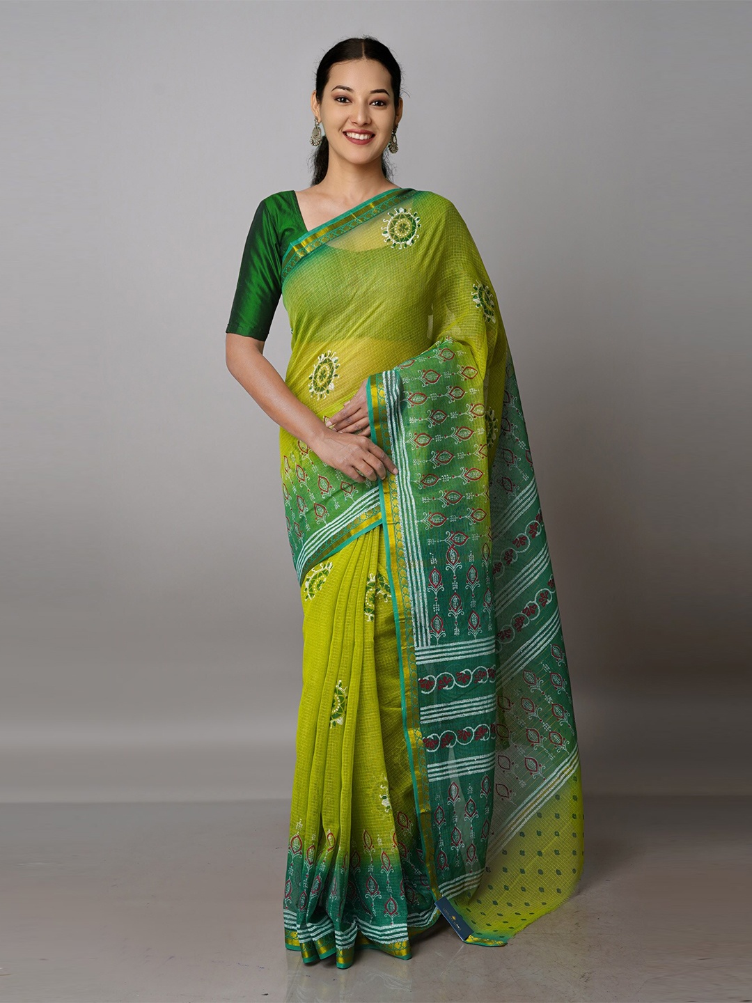 

Unnati Silks Floral Printed Zari Pure Cotton Handloom Kota Saree, Green