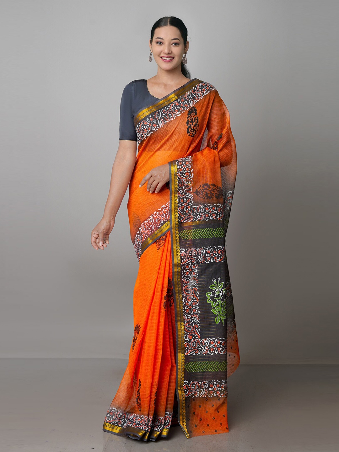 

Unnati Silks Floral Printed Zari Pure Cotton Handloom Kota Saree, Orange