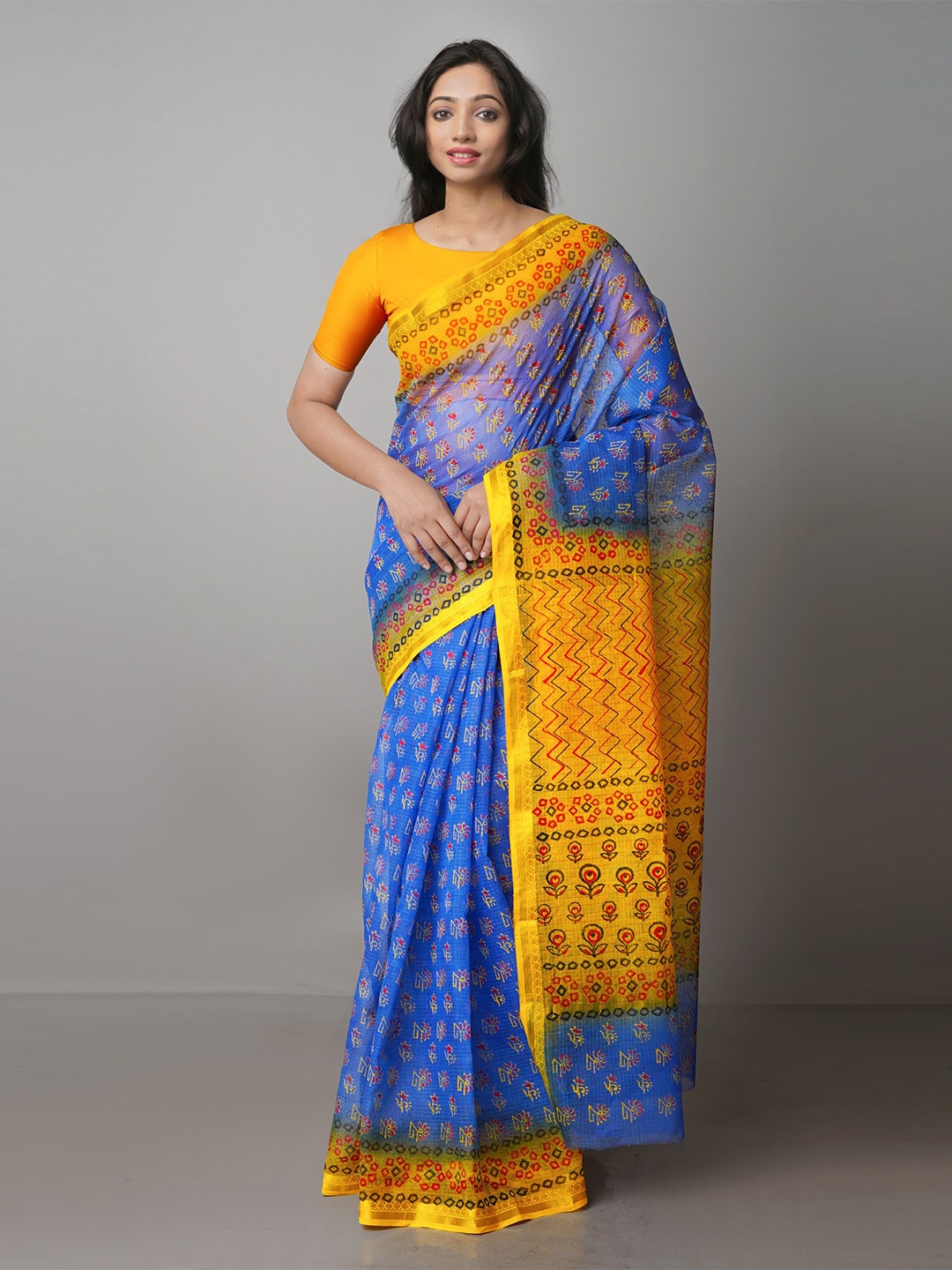 

Unnati Silks Floral Printed Zari Pure Cotton Handloom Kota Saree, Blue