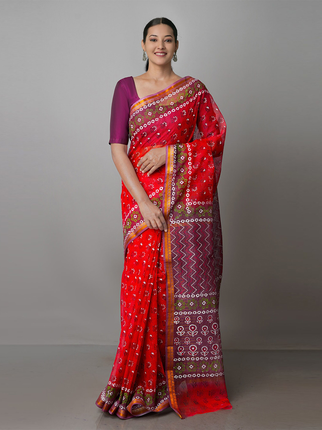 

Unnati Silks Ethnic Motifs Zari Pure Cotton Handloom Kota Saree, Red
