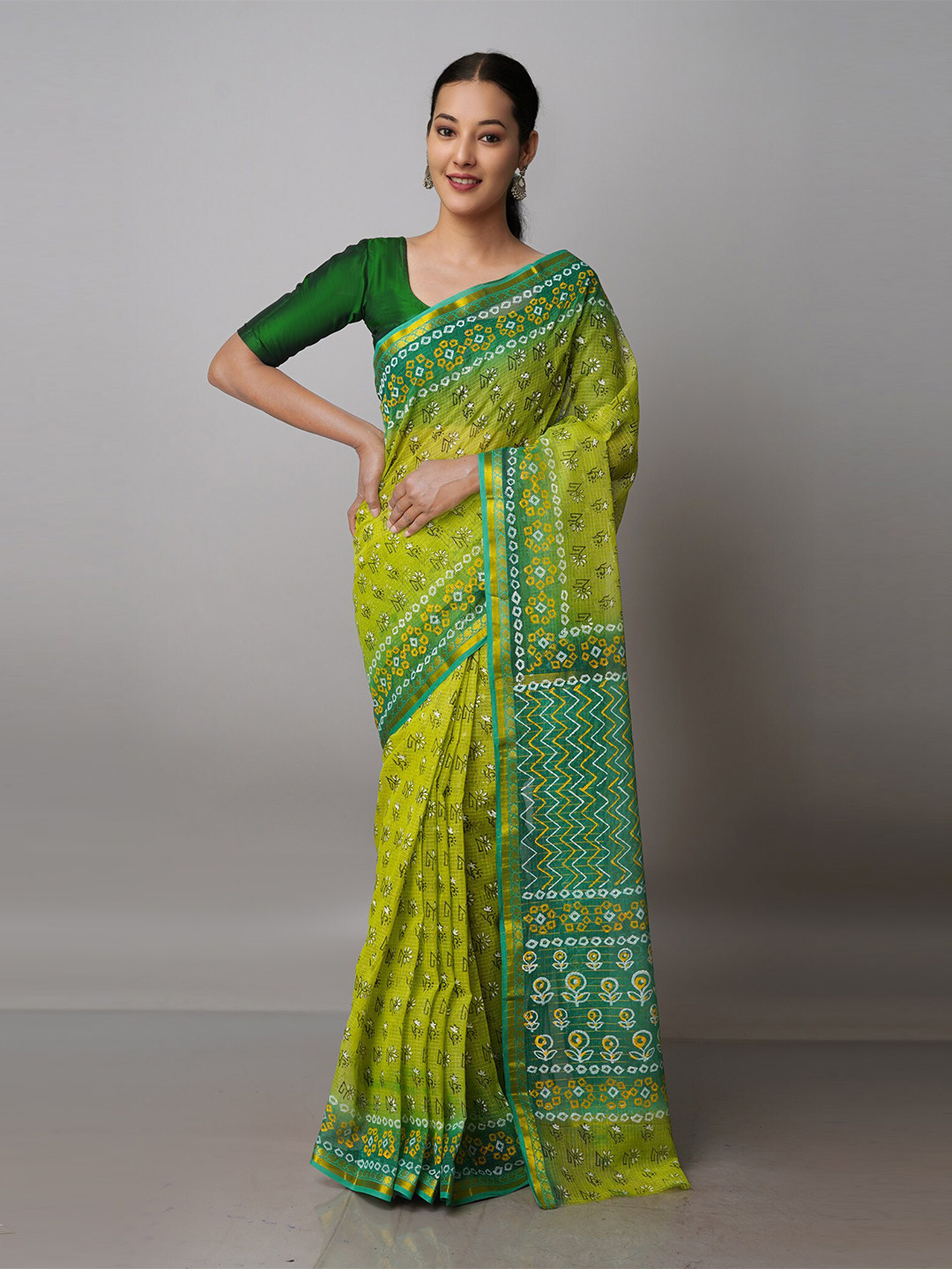 

Unnati Silks Floral Printed Zari Pure Cotton Handloom Kota Saree, Green