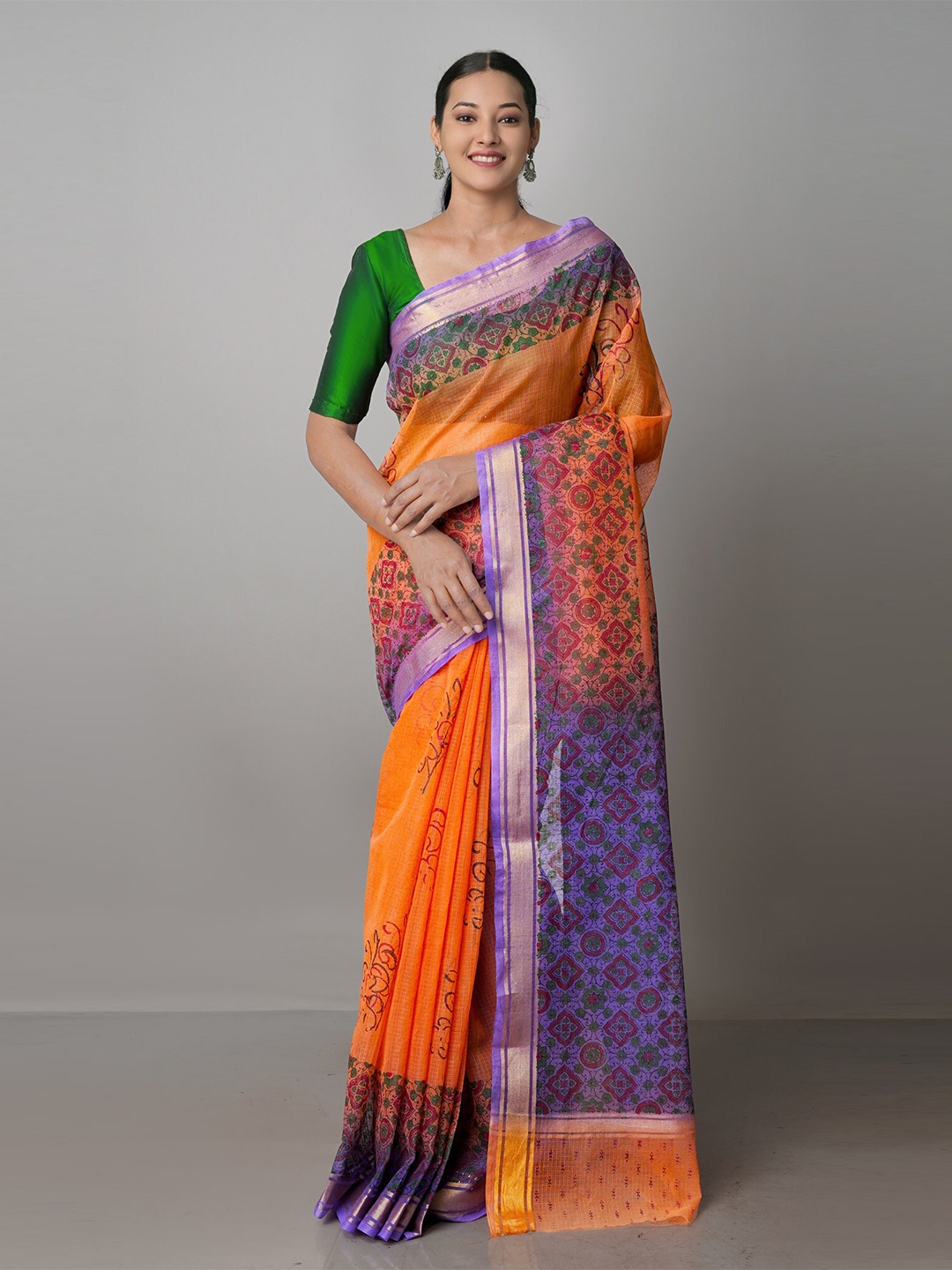 

Unnati Silks Ethnic Motifs Printed Zari Pure Cotton Handloom Kota Saree, Orange