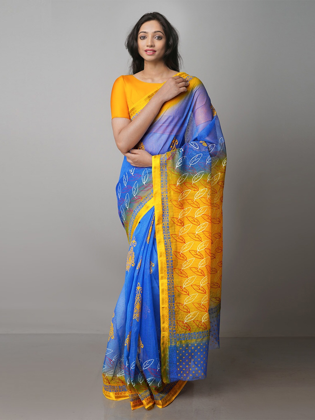 

Unnati Silks Ethnic Motifs Printed Zari Pure Cotton Handloom Kota Saree, Blue