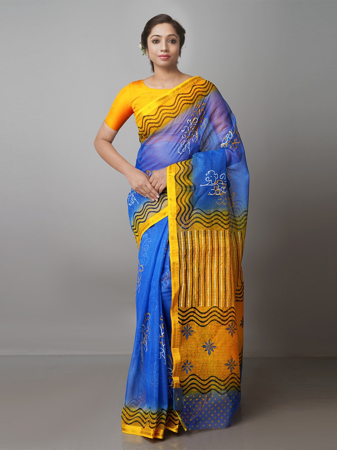 

Unnati Silks Ethnic Motifs Printed Zari Pure Cotton Handloom Kota Saree, Blue
